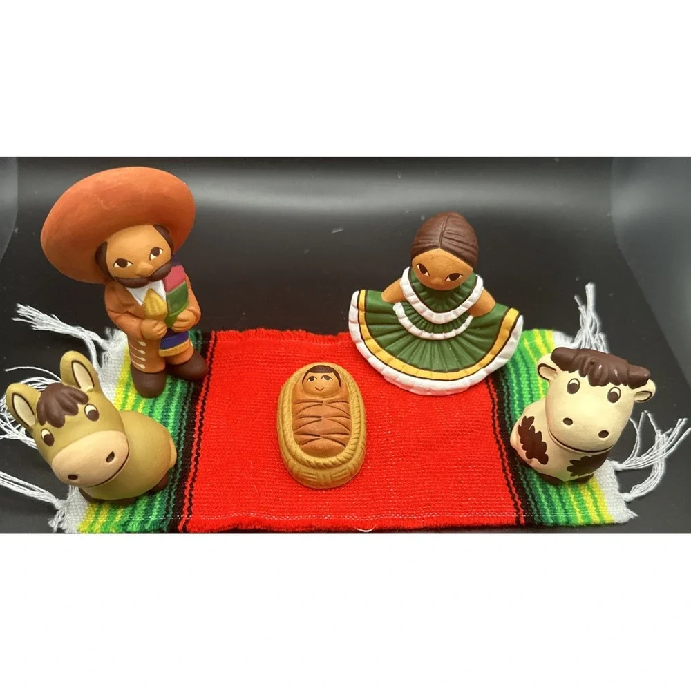 Mexican Pottery Clay Nativity Set 5 Pc Mary Joseph Baby Jesus Donkey Cow Vintage